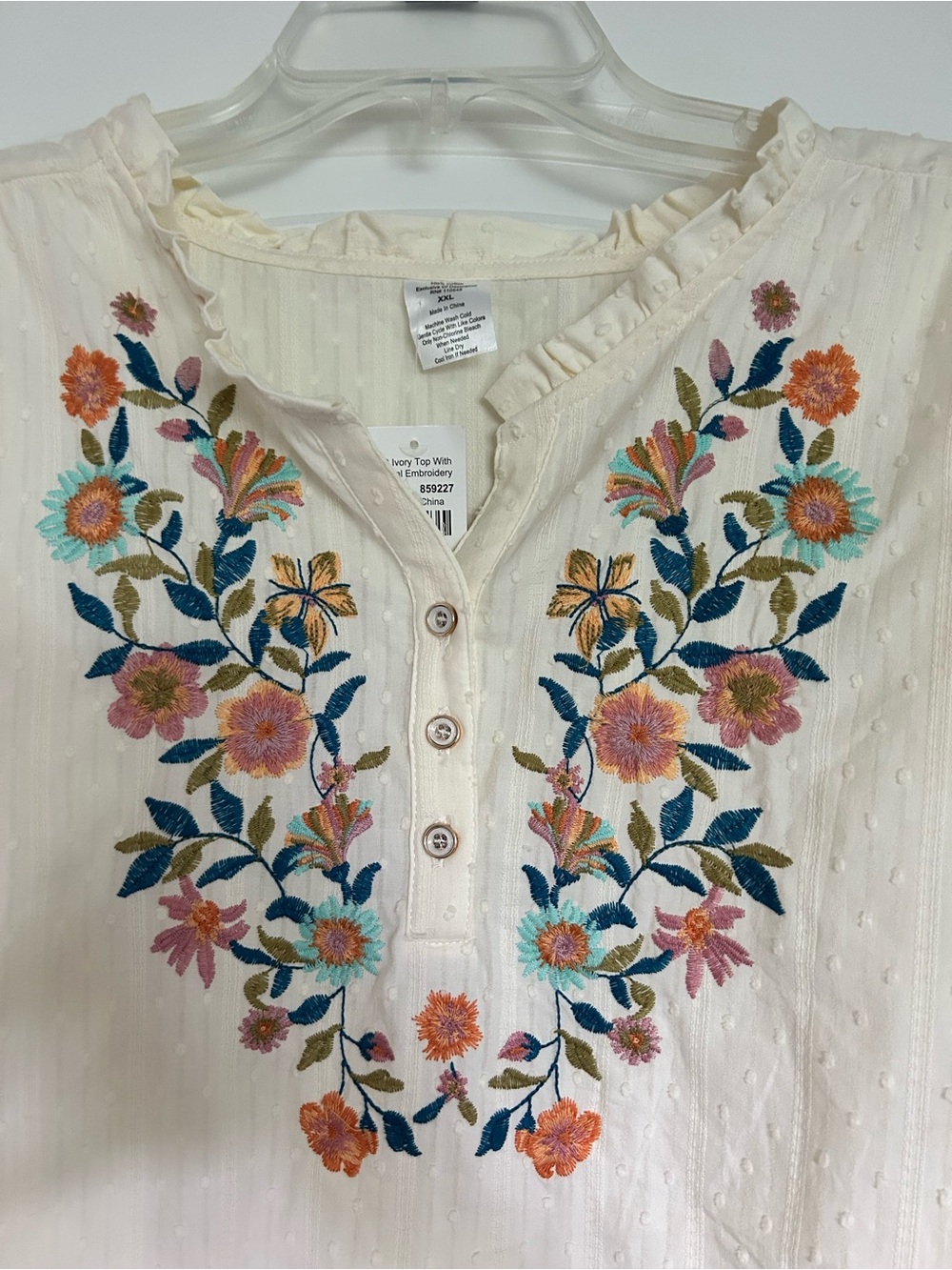 Cracker Barrel Ivory Peasant Blouse with Multicolor Floral Embroidery